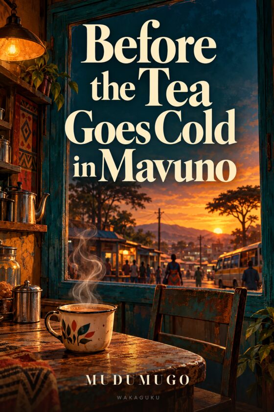 Cover of Before the Tea Goes Cold in Mavuno by Mudumugo: an ivory jacket over a black clerical shirt hangs beneath a gold halo, with a red price tag.