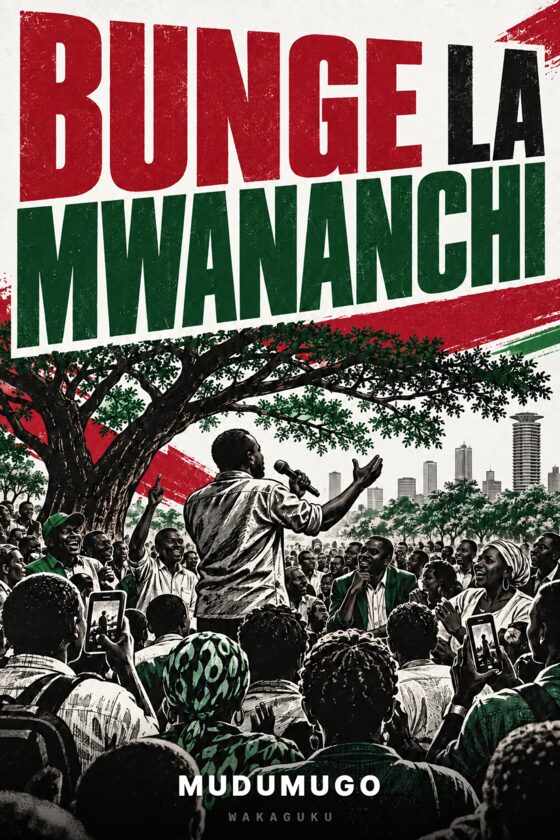 Cover of Bunge la Mwananchi by Mudumugo: a speaker with a microphone addresses a crowd beneath a tree, with the Nairobi skyline behind.