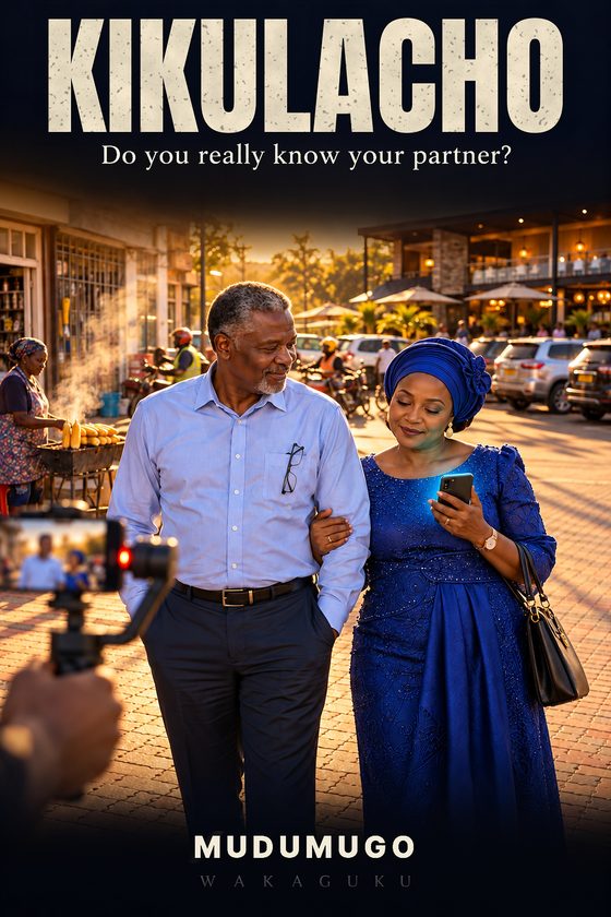 Cover of Kikulacho by Mudumugo: an older couple in church clothes on a town pavement, the wife’s face lit by the phone she tilts away from her husband, with a presenter’s camera and its red light in the foreground.