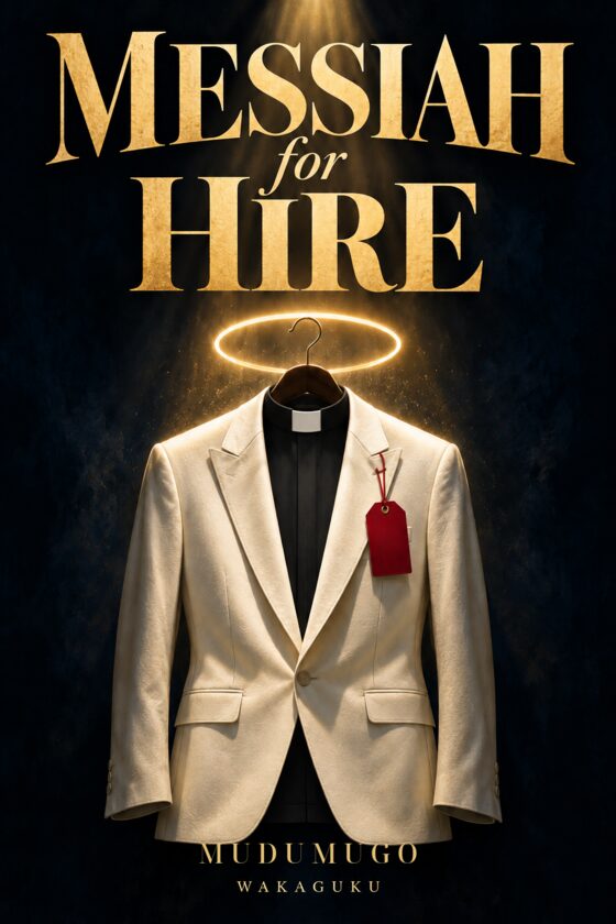 Cover of Messiah for Hire by Mudumugo: an ivory jacket over a black clerical shirt hangs beneath a gold halo, with a red price tag.