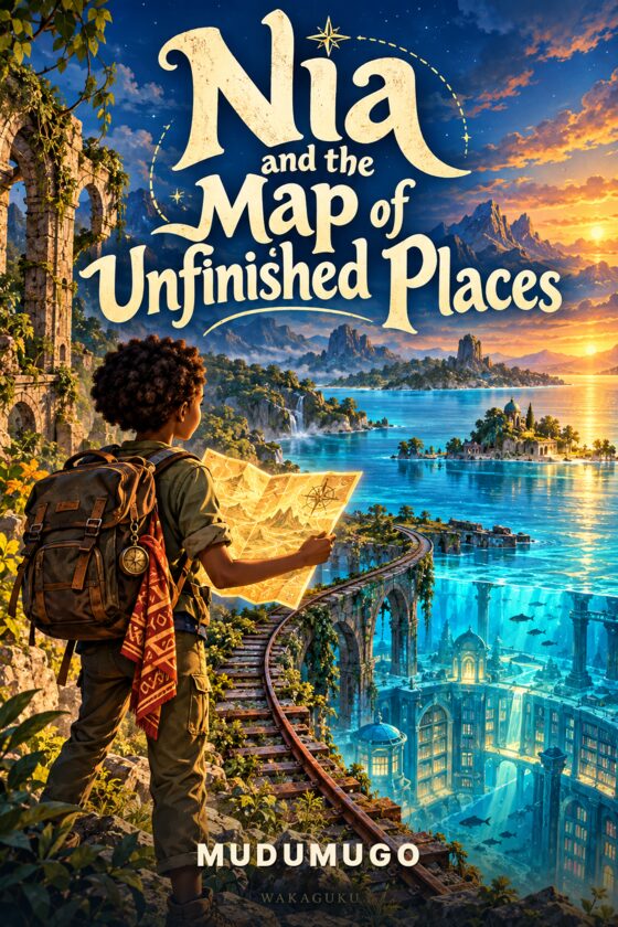 Cover of Nia and the Map of Unfinished Places by Mudumugo: an ivory jacket over a black clerical shirt hangs beneath a gold halo, with a red price tag.