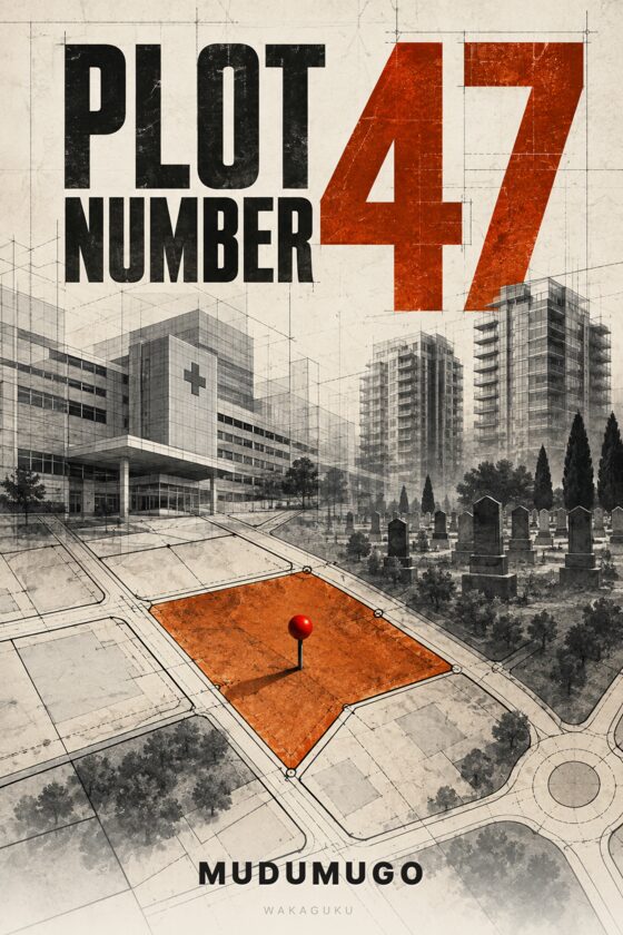 Cover of Plot Number 47 by Mudumugo: an ivory jacket over a black clerical shirt hangs beneath a gold halo, with a red price tag.
