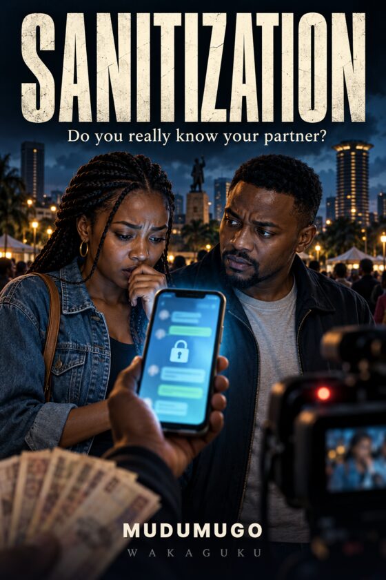 Cover of Sanitization by Mudumugo: an ivory jacket over a black clerical shirt hangs beneath a gold halo, with a red price tag.