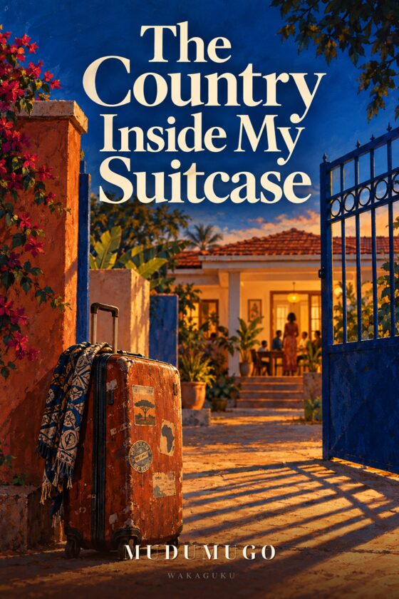 Cover of The Country Inside My Suitcase by Mudumugo: an ivory jacket over a black clerical shirt hangs beneath a gold halo, with a red price tag.