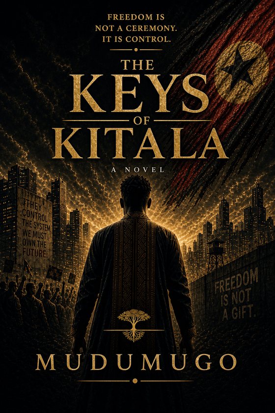 Cover of The Keys of Kitala by Mudumugo: a man in a patterned robe faces a city behind a wall, beneath the words Freedom is not a ceremony. It is control.