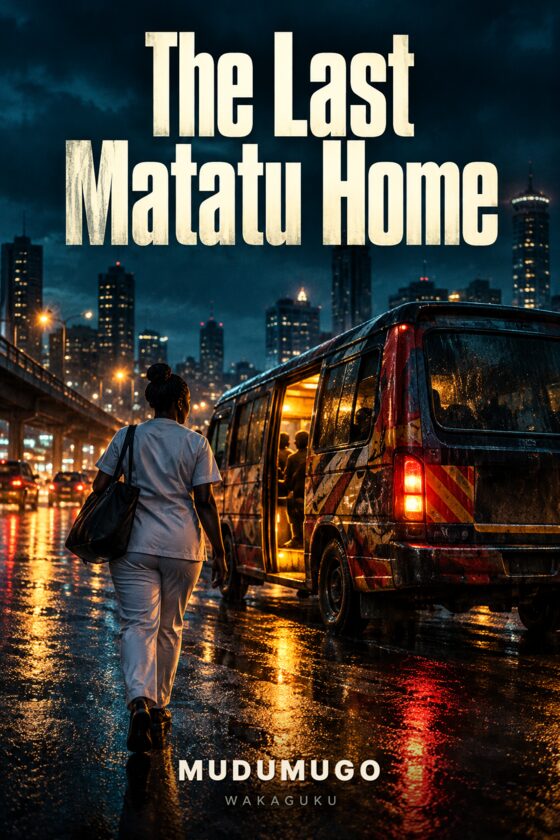 Cover of The Last Matatu Home by Mudumugo: an ivory jacket over a black clerical shirt hangs beneath a gold halo, with a red price tag.