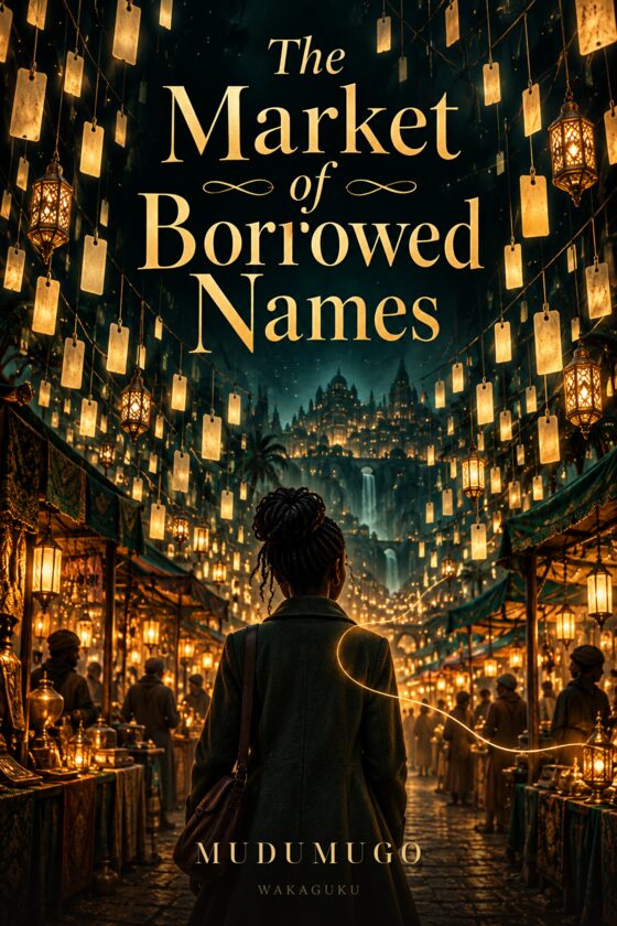 Cover of The Market of Borrowed Names by Mudumugo: an ivory jacket over a black clerical shirt hangs beneath a gold halo, with a red price tag.