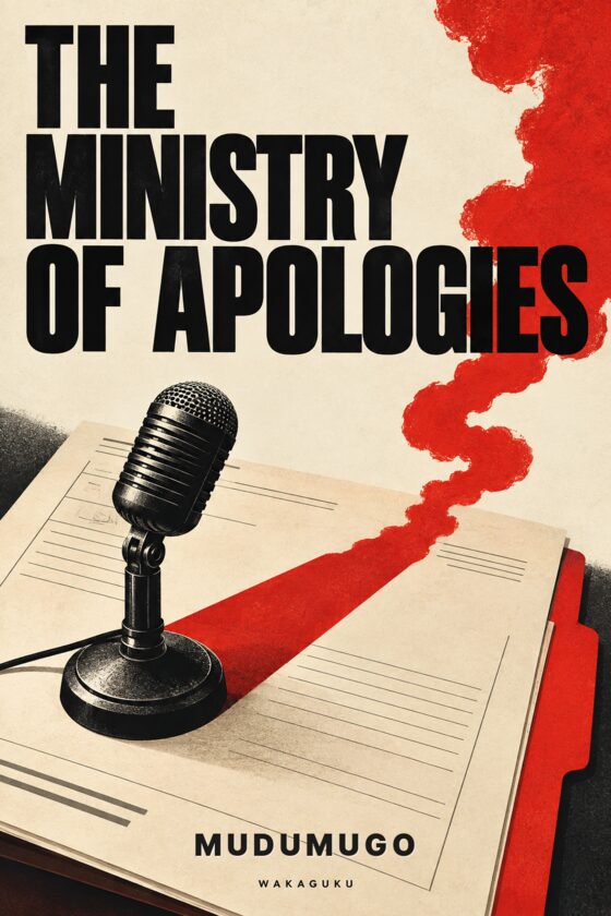 Cover of The Ministry of Apologies by Mudumugo: an ivory jacket over a black clerical shirt hangs beneath a gold halo, with a red price tag.