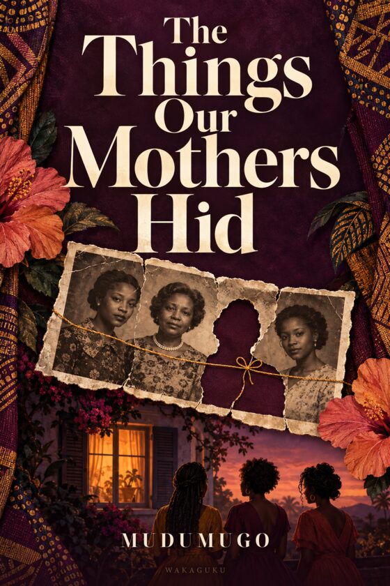 Cover of The Things Our Mothers Hid by Mudumugo: an ivory jacket over a black clerical shirt hangs beneath a gold halo, with a red price tag.