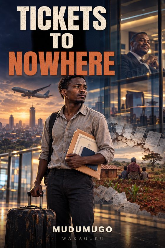Cover of Tickets to Nowhere by Mudumugo: a young man with a suitcase and an envelope of papers stands at an airport window, with a plane, a city and a family farm behind him.