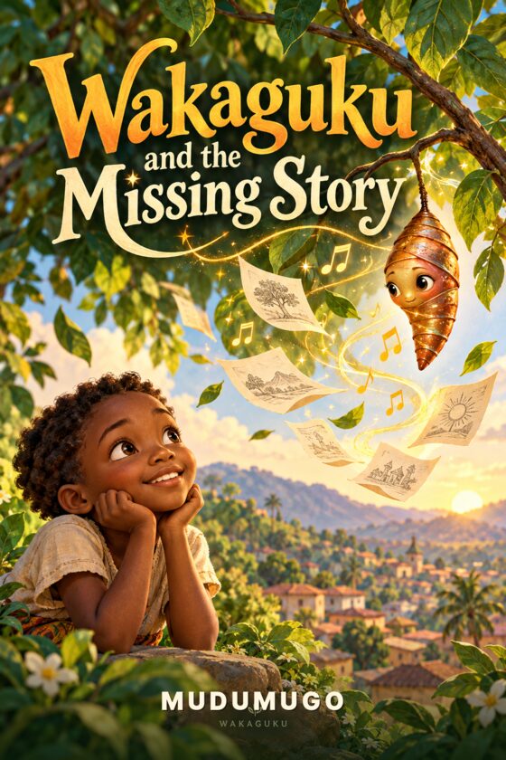 Cover of Wakaguku and the Missing Story by Mudumugo: an ivory jacket over a black clerical shirt hangs beneath a gold halo, with a red price tag.