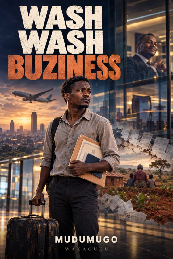 Cover of Wash Wash Buziness by Mudumugo: a young man with a suitcase and an envelope of papers stands at an airport window, with a plane, a city and a family farm behind him.